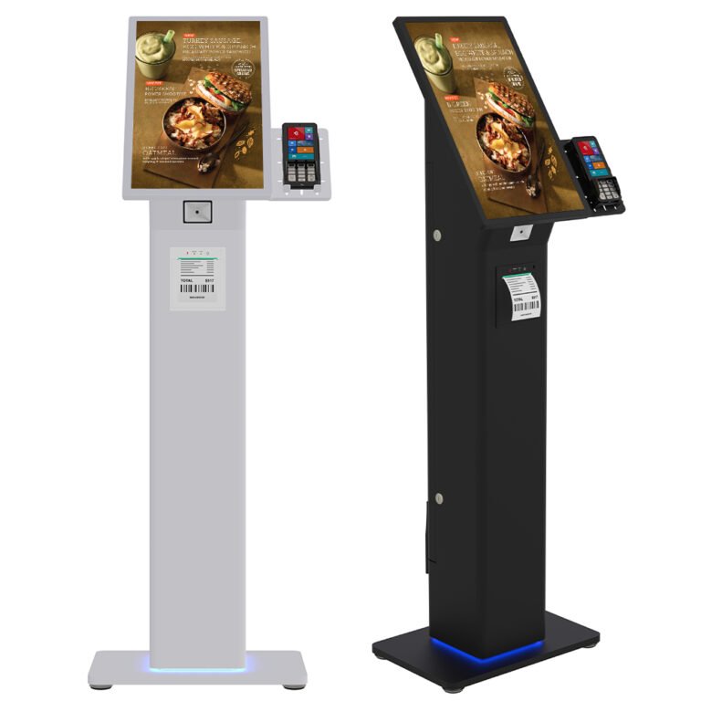 Single-Column Model Touchscreen Floor-Standing Self-Ordering Kiosk for Fast Food Chains with QR scanner printer and POS bracket
