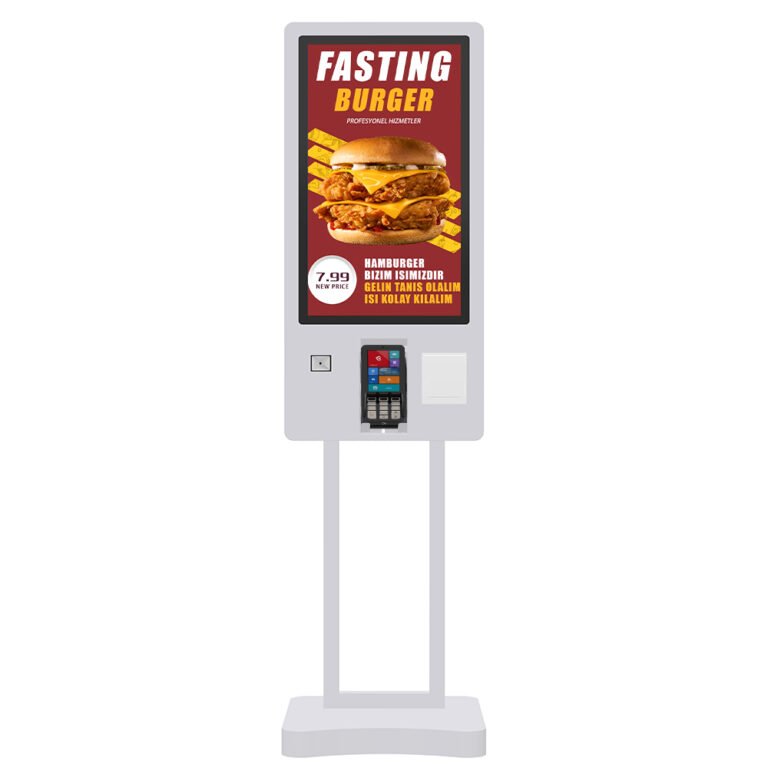 Double-Column model Touchscreen Floor-Standing Self-Ordering Kiosk for Fast Food Chains with QR scanner printer and POS bracket